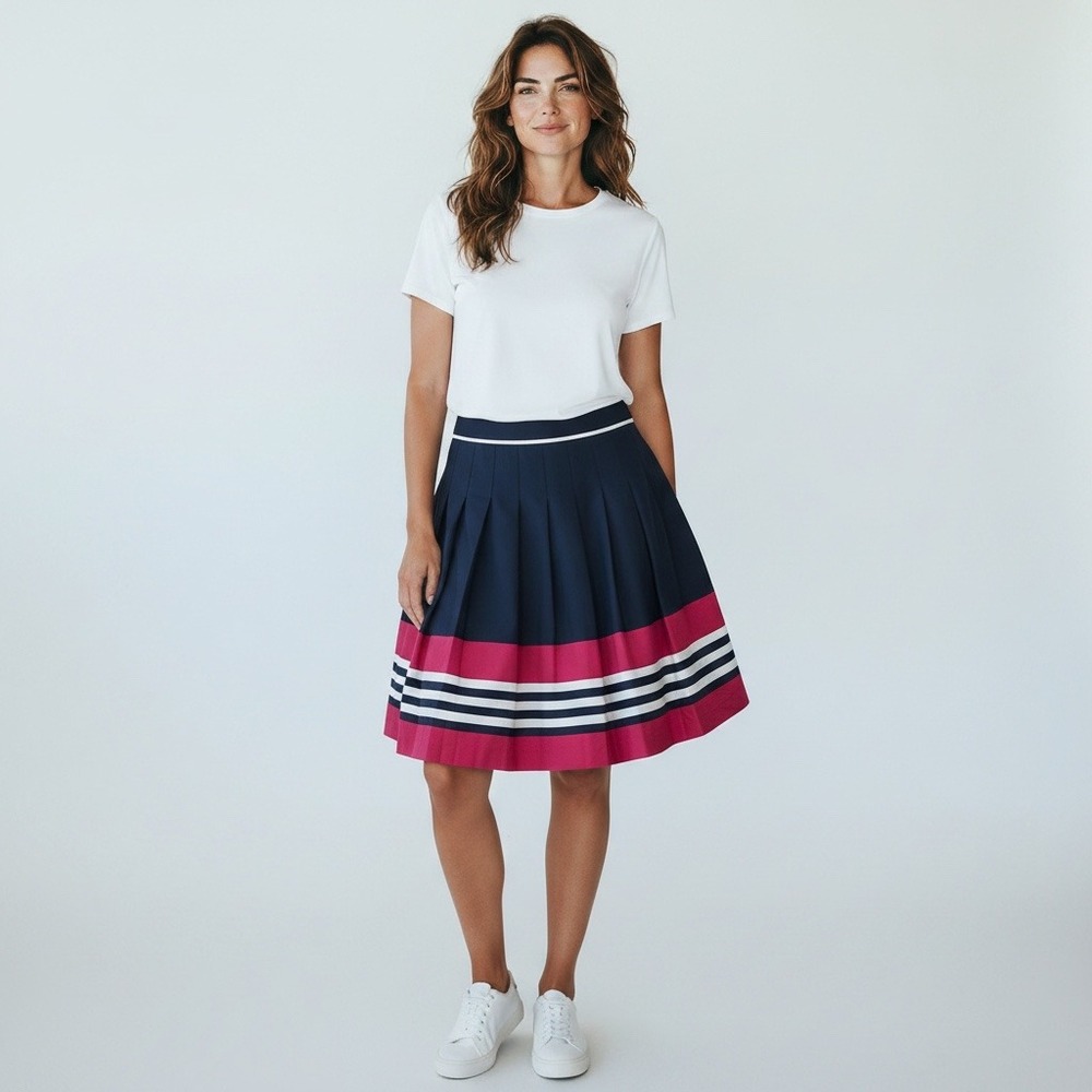 Tommy Hilfiger Navy Blue Pink Striped Pleated Knee Length Skirt Size 4